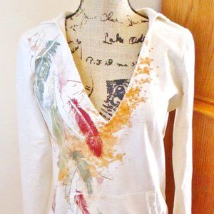 Mudd Women's V-neck, Long Sleeve Hoodie, Feather Print, Beige, Raw Edges, Size L